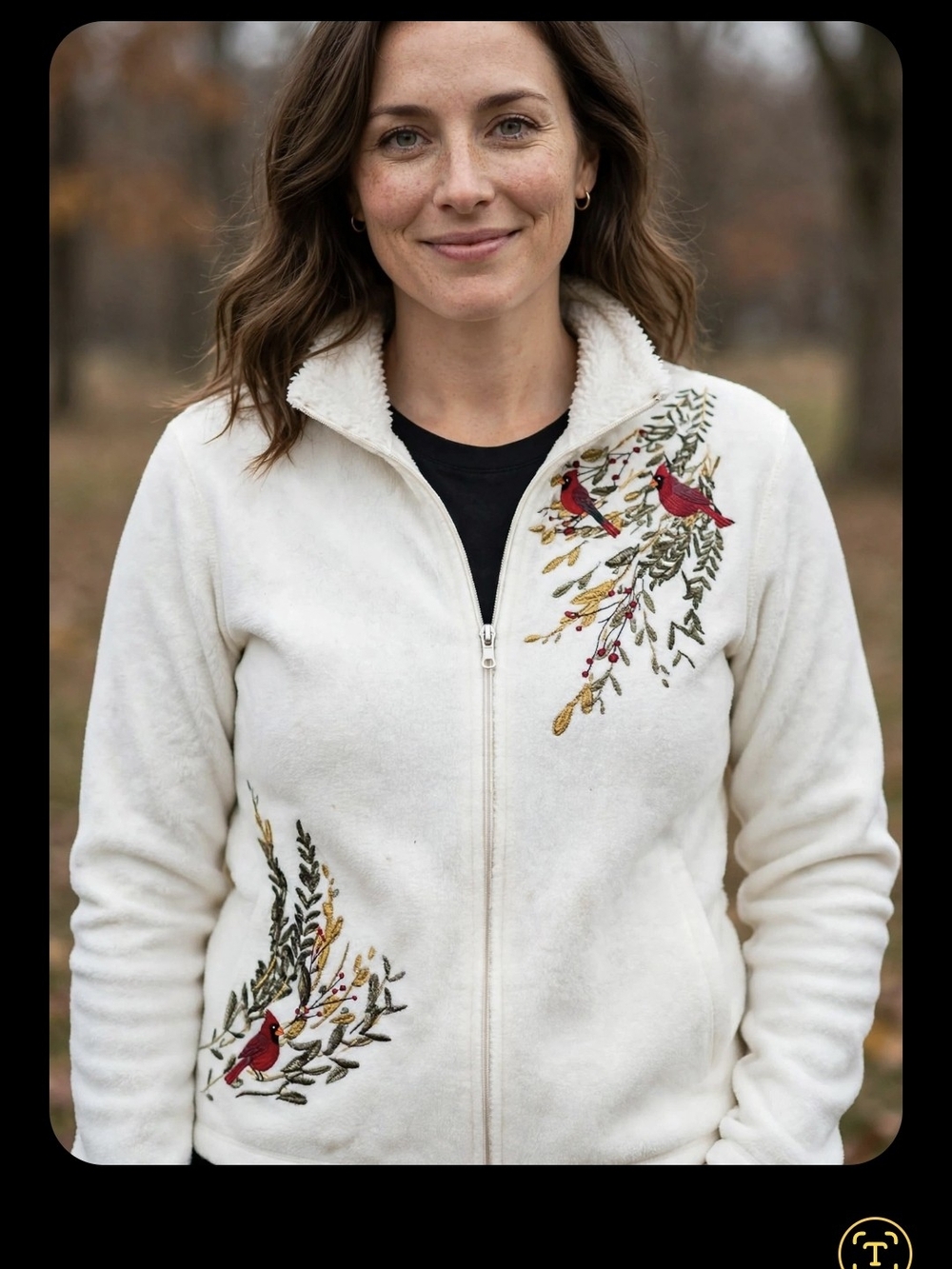croft & barrow Cream Embroidered Fleece Jacket with Red Cardinal Motif